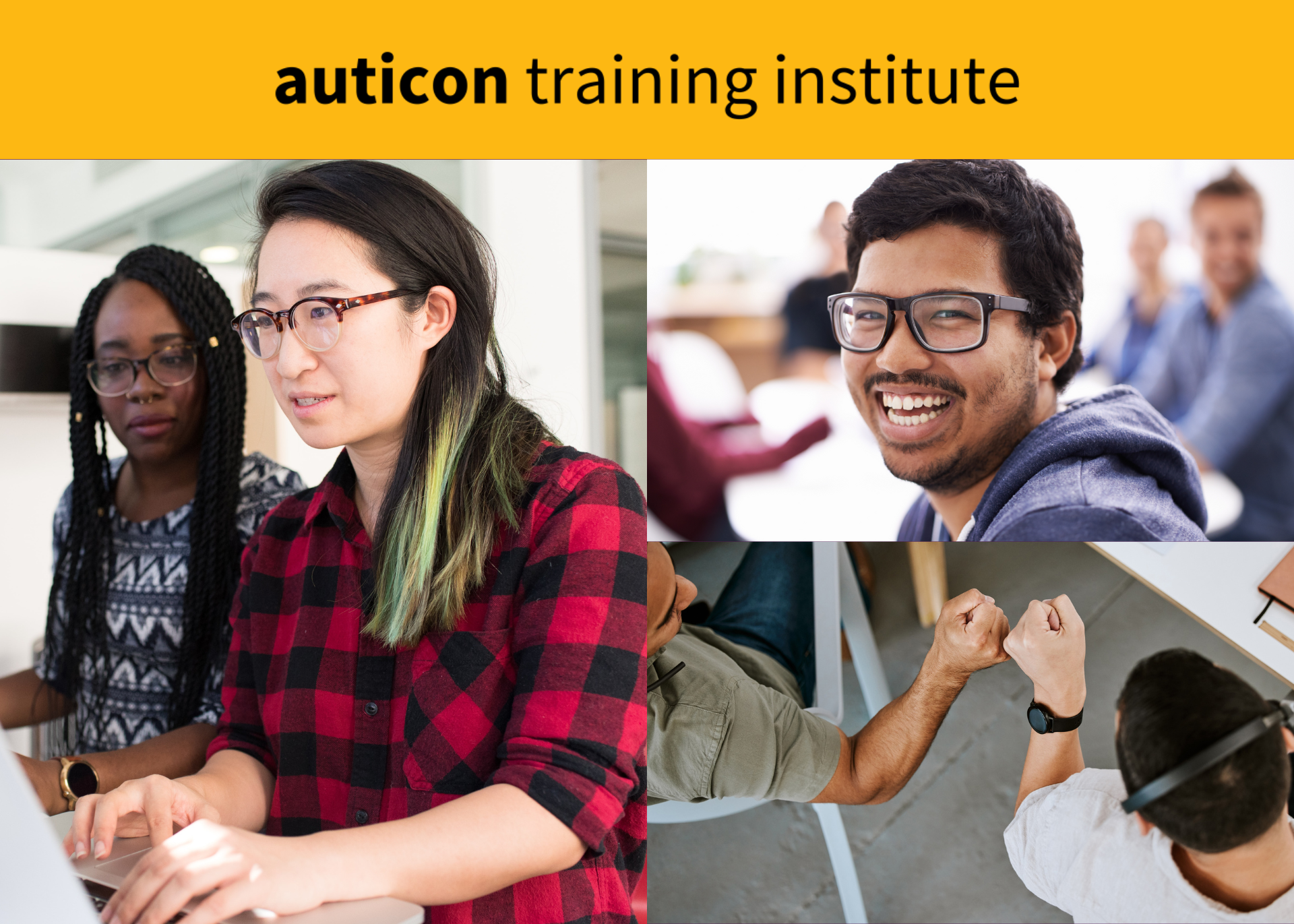 The auticon training institute logo with a photo collage of young tech professionals at work.